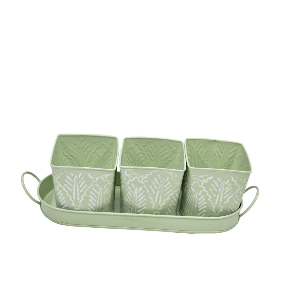 Cache-pot set3 métal vert pastel feuilles relief