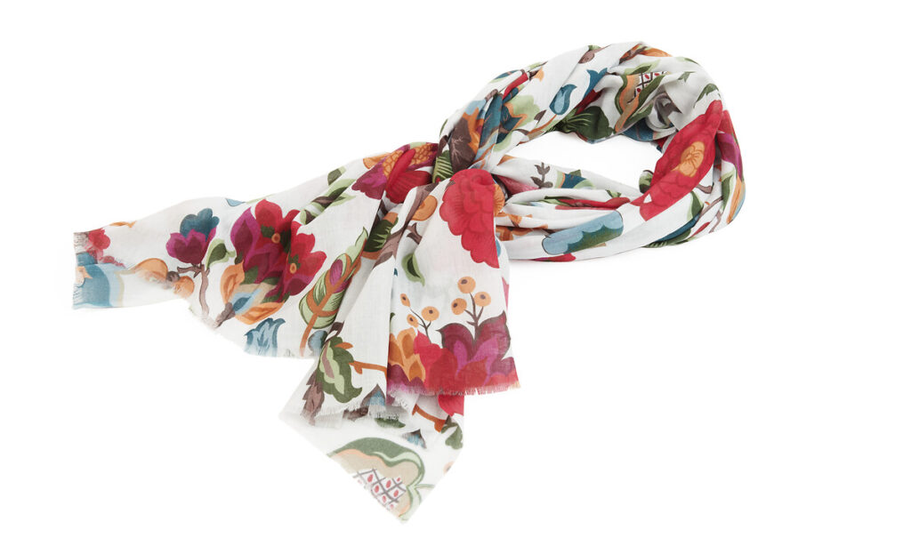 Foulard coton &amp; modal blanc imprimé fleurs rouges